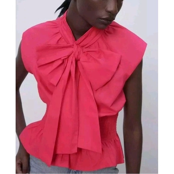 ZARA Fuchsia Pink Bow Poplin Top XS Sleeveless Statement Blouse Fitted Chic - Picture 2 of 11